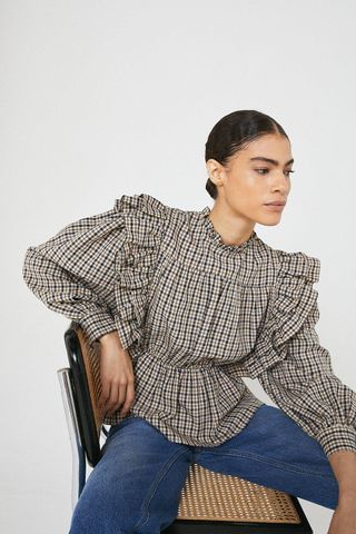 Warehouse + Check Frill and Lace Up Detail Top