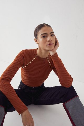 Warehouse + Ribbed Button Detail Knit Jumper
