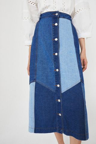 Warehouse + Denim Patchwork Button Front Midi Skirt