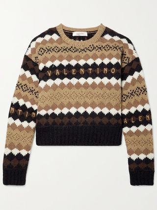 Valentino + Cropped Embroidered Metallic Wool Sweater