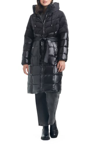 Vince Camuto + Belted Mixed Media Hooded Puffer Coat