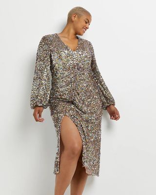 River Island + Plus Silver Sequin Midi Dress