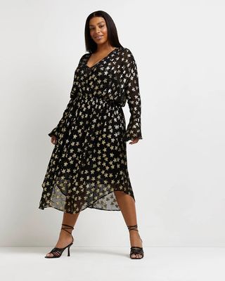 River Island + Plus Black Star Print Tie Neck Midi Dress