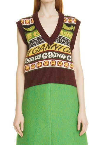 Ganni + Smiley Face Recycled Wool Blend Sweater Vest