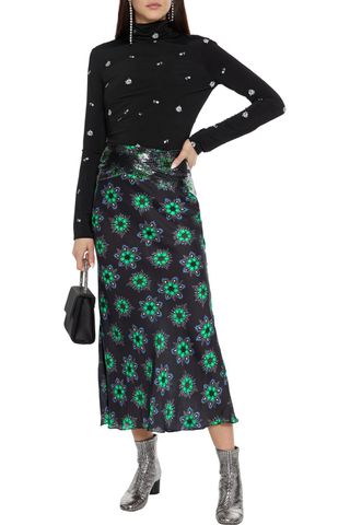 Paco Rabanne + Chainmail-Trimmed Floral-Print Crepe de Chine Midi Skirt