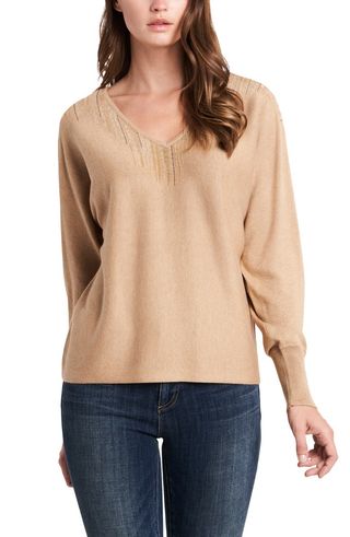 Vince Camuto + Embellished Cotton Blend V-Neck Sweater