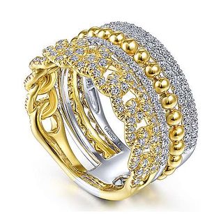 Gabriel & Co. + 14K White-Yellow Gold Wide Band Layered Diamond Ring