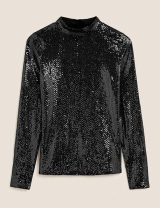 M&S Collection + Sequin Funnel Neck Regular Fit Top