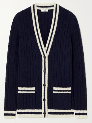 Saint Laurent + Striped Cable-Knit Cashmere Cardigan
