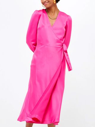 Omnes + Emilia Satin Wrap Midi Dress in Fuchsia Pink