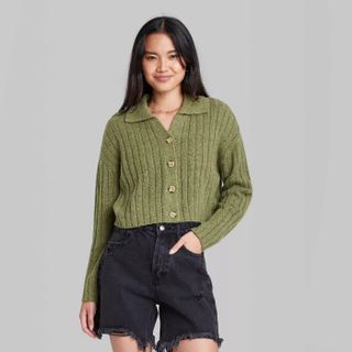 Wild Fable + Button-Front Ribbed Cropped Cardigan