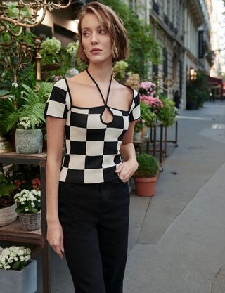 Pixie Market + Keyhole Checkerboard-Knit Top