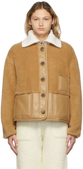Sjyp + Beige Faux Leather Contrast Sherpa Fleece Jacket