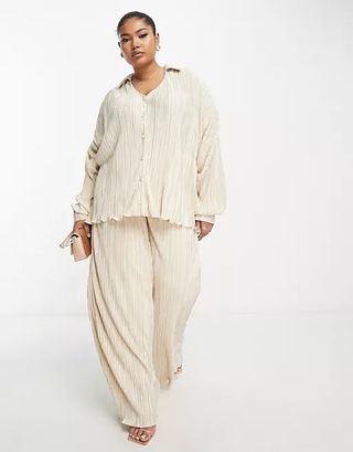 In the Style + Plus Plisse Relaxed Trouser Co-Ord in Cream