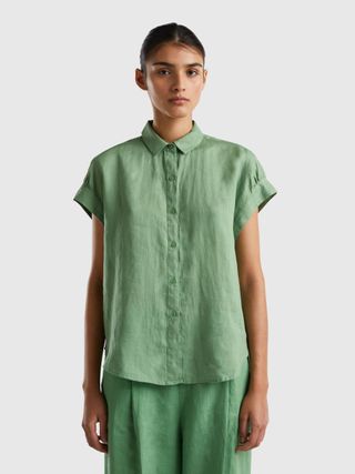 United Colors of Benetton + Short Sleeve Shirt in Pure Linen