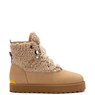 Larroude + Vail Boot in Sand Faux Fur and Suede