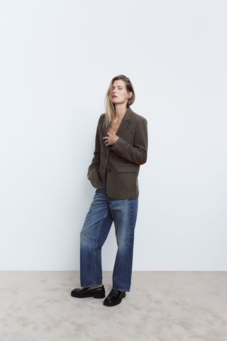 Zara + Wool Blend Checkered Blazer