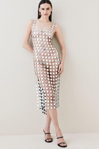 Karen Millen + Mirrored Disc Sequin Midi Dress