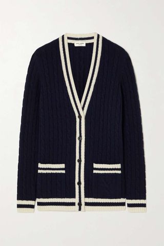 Saint Laurent + Striped Cable-Knit Cashmere Cardigan