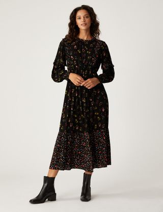 M&S Collection + Floral Round Neck Ruffle Midi Waisted Dress