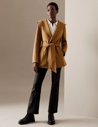 Autograph + Wool Blend Hooded Belted Wrap Coat
