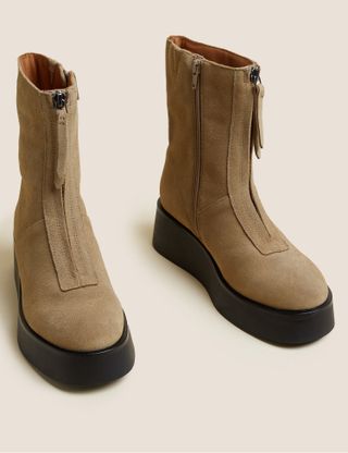 Marks & Spencer + Suede Front Zip Chunky Flatform Ankle Boots
