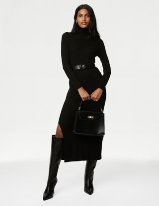 M&S Collection + Knitted Ribbed Roll Neck Midi Dress
