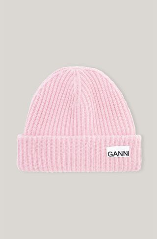 Ganni + Pink Ribbed Wool-Blend Beanie