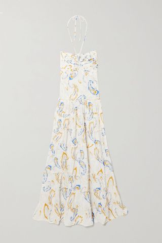 Evarae + Phoebe Smocked Tiered Ruffled Printed Silk Halterneck Maxi Dress