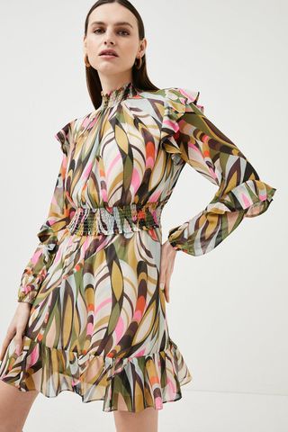 Karen Millen + Kaleidoscope Print Shirred Woven Mini Dress