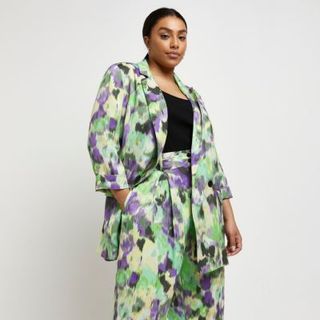 River Island + Plus Green Printed Double Breasted Blazer