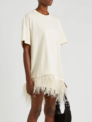 Marques'Almeida + Ecru Feather-Trimmed Cotton T-Shirt Dress