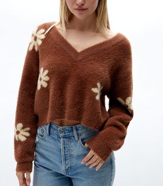 Pacsun + LA Hearts V-Neck Fuzzy Floral Sweater