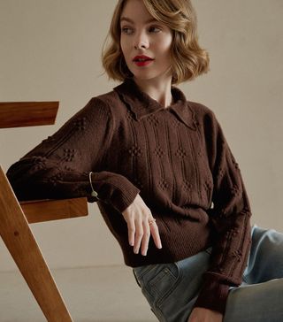 Simple Retro + Jasmine Cable Polo Brown Knit Sweater