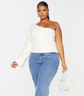 Pretty Little Thing + Cream Cable Knit One Shoulder Balloon Sleeve Sweater