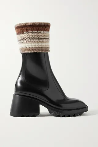 Chloé + Betty Striped Knitted and PVC Ankle Boots