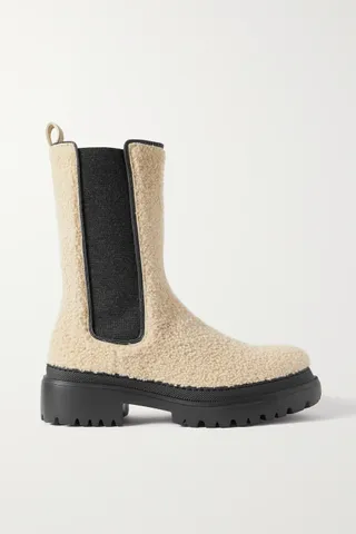 Brunello Cucinelli + Bead-Embellished Shearling and Cashmere Chelsea Boots