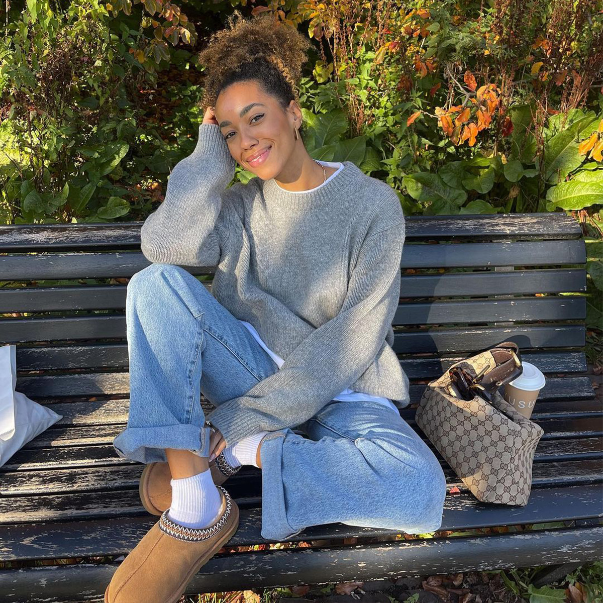 Cozy Fall Outfit Ideas with Ugg Slippers and Curly Hair