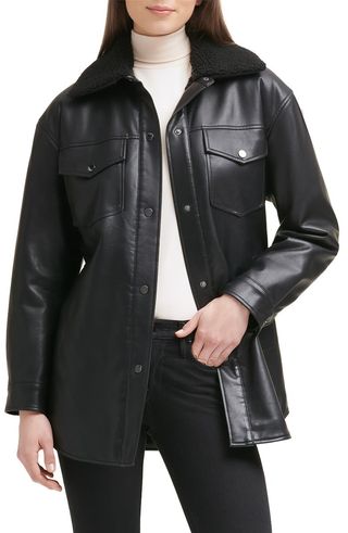 Kenneth Cole + Belted Faux Leather Shirt Jacket With Faux Shearling Lining