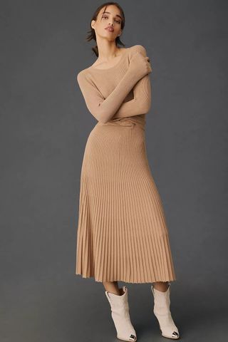 By Anthropologie + Slim Knit Long-Sleeve Ruched-Waist Pleated Dress