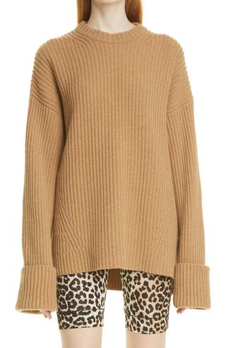 Ganni + Ribbed Wool Blend Crewneck Sweater