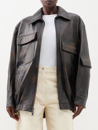 Tibi + Oversized Worn-Leather Aviator Jacket