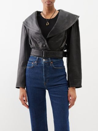 Frame + Oversized-Collar Cropped Leather Jacket