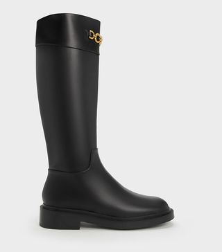 Charles & Keith + Black Metallic Chain Accent Knee-High Boots