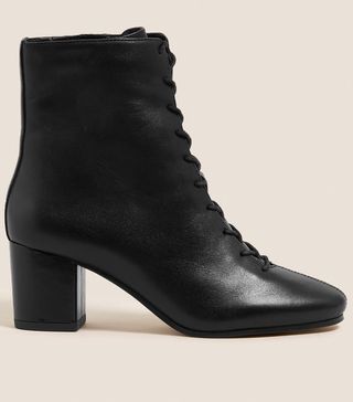 M&S Collection + Leather Lace Up Block Heel Ankle Boots