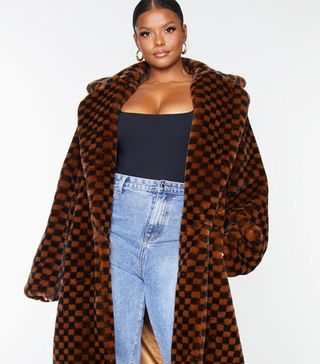 Pretty Little Thing + Brown Check Print Faux Fur Midi Coat