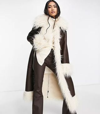Topshop + Faux Suede & Fur Trim Long Coat in Brown