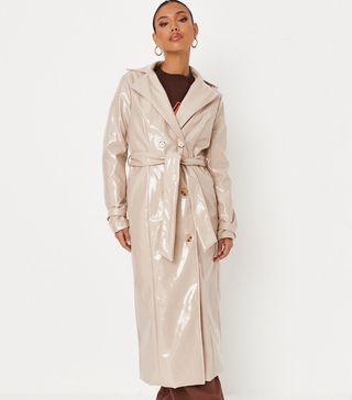 Missguided + Cream Vinyl Double Breasted Trench Coat