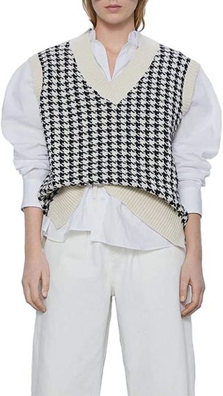 Sdencin + Houndstooth Pattern Knit Sweater Vest Sleeveless Loose V-Neck 90s Waistcoat Pullover Knitwear Top