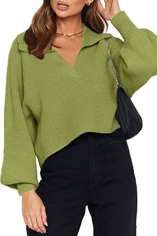 Chyrii + Oversized Puff Long Sleeve V Neck Knitted Polo Pullover Sweater